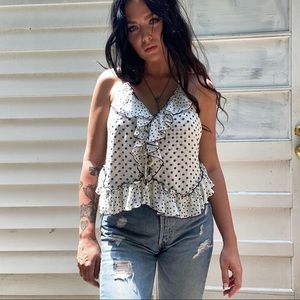 FREE PEOPLE CHIFFON RUFFLE POLKA DOT FLOWY SUMMER BLOUSE TANK TOP